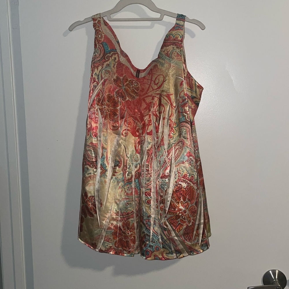 Boho Flowing Sleeveless Satin Tank Scalloped Neckline Large Floral & Paisley